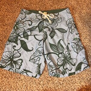 J. Crew Floral Swim Trunks Board Shorts with Pocket Blue Green Mens Size 32‎